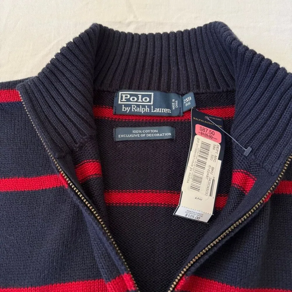Polo by Ralph Lauren | Classic Striped Quarter Zip Sweater NWT | Navy Red Cotton